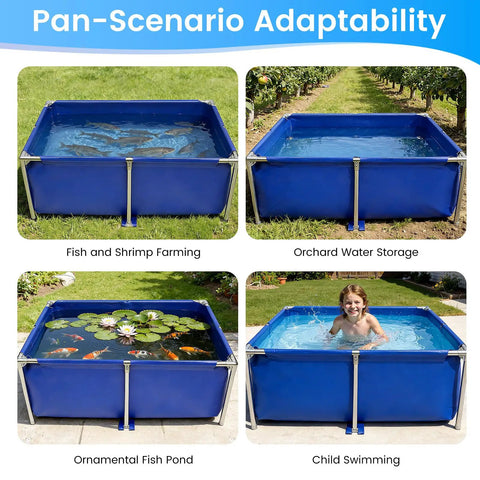 Foldable Canvas Fish Pond With Rustproof Stainless Steel Frame For Koi Prawns Fish And Lobster No Fuss Setup Portable Outdoor Aquarium For Stress Free Water Fun showcasing diverse uses: fish farming, water storage, ornamental pond, child swimming.