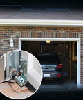 Garage Door Parts Installation Bundle Kit For 16 By 7 Feet Overhead Doors With Brackets Cables Hinges Rollers Screws Bearings And Bolts Replacement Set For Quick Home Garage Repairs shown installed on a brick garage.