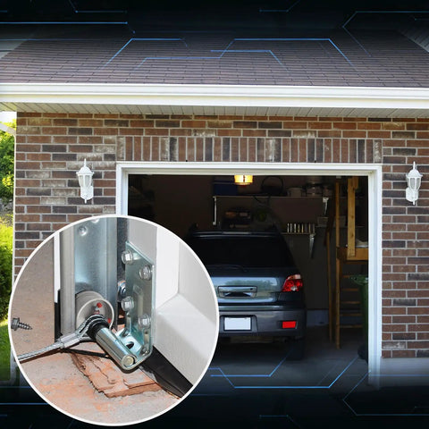 Garage Door Parts Installation Bundle Kit For 16 By 7 Feet Overhead Doors With Brackets Cables Hinges Rollers Screws Bearings And Bolts Replacement Set For Quick Home Garage Repairs shown installed on a brick garage.