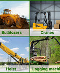 Collage of heavy machinery: bulldozer, crane, hoist, and logging machine in various industrial settings.