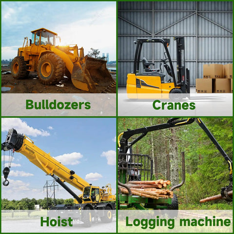 Collage of heavy machinery: bulldozer, crane, hoist, and logging machine in various industrial settings.