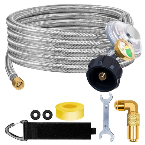 12 Ft Propane Regulator Hose With Gauge Stainless Braided QCC1 Adapter For 20lb Tanks Elbow Fitting with accessories