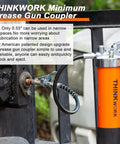 Grease gun coupler set with 90-degree adaptor and quick-release, attached to an orange ThinkWork grease gun