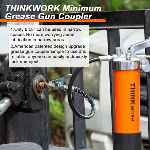 One Hand Ready Ultra Compact Locking Grease Gun Coupler With Twelve Inch Flex Hose Twelve Thousand PSI Quick Release One Eighth Inch NPT Fitting Fits All Grease Guns Cleaning Tool Included Built Tough For Tight Spaces attached to machinery