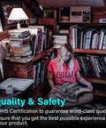 Woman reading in a cozy library, surrounded by books and soft lighting, promoting quality and safety of R7S 118MM LED COB Bulbs 9W.
