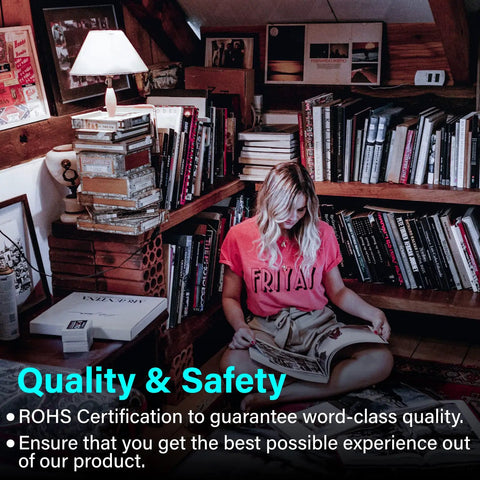 Woman reading in a cozy library, surrounded by books and soft lighting, promoting quality and safety of R7S 118MM LED COB Bulbs 9W.