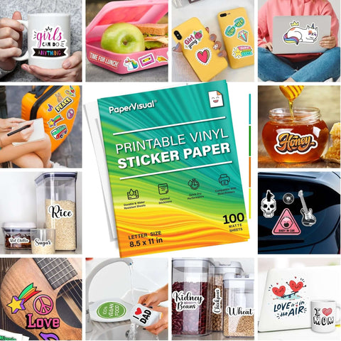 PaperVisual printable vinyl sticker paper, 100 white matte sheets, 8.5 x 11 in, for inkjet/laser printers