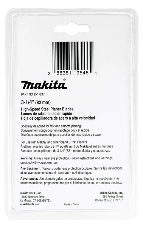 Packaging of Two Pack 3.25 Inch High Speed Steel Planer Blades For 3.25 Inch Planers With Reversible Edges, showing instructions and barcode