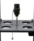 Close-up of Black Floor Lamp Etagere Organizer With Linen Shade 3 Shelf Storage Stand Built In USB Ports And Charging Outlet focus
