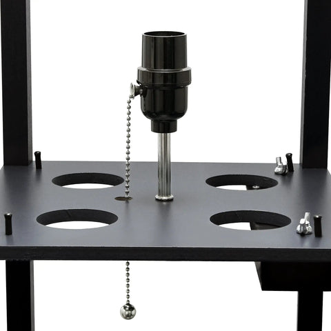 Close-up of Black Floor Lamp Etagere Organizer With Linen Shade 3 Shelf Storage Stand Built In USB Ports And Charging Outlet focus