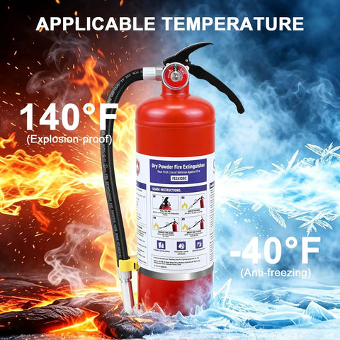 5 Lb Abc Dry Chemical Fire Extinguisher With Wall Mount And 2A 10B C Rating, showing explosion-proof and anti-freezing temperature range.