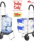 Trolley Dolly Foldable Shopping Cart With Oversize All Terrain Wheels Removable Bag With Seven Pockets Rubber Grip Handle Carries Up To 110 Lb Lightweight Under 4 Lb Perfect For Groceries Laundry And Grab And Go Errands displaying heavy items like water jug and paper.