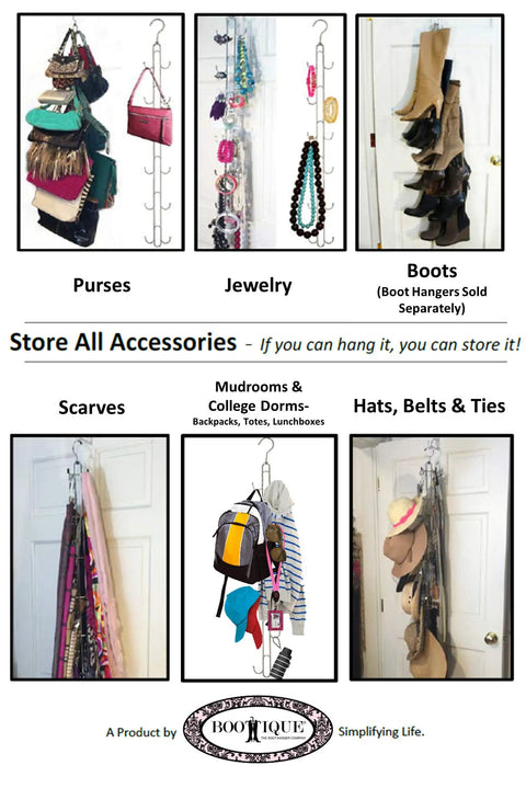 Over Door Purses Hanger Organizer With 360 Rotation Heavy Duty Chrome Bag Holder Holds 50lbs And Displays 12 Plus Purses And Bags Including Handbags, scarves, hats, and ties displayed.