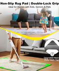 Rug Tape Kit With 24 Pcs No Glue Silicone Bottom for strong hold, shown in use on hardwood floor with vacuum in living room.