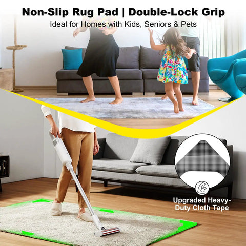 Rug Tape Kit With 24 Pcs No Glue Silicone Bottom for strong hold, shown in use on hardwood floor with vacuum in living room.