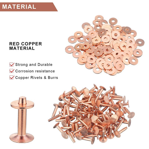 200 Pcs Copper Rivets And Burrs Washers Leather Fastener Kit with red copper rivets and washers showing material details.