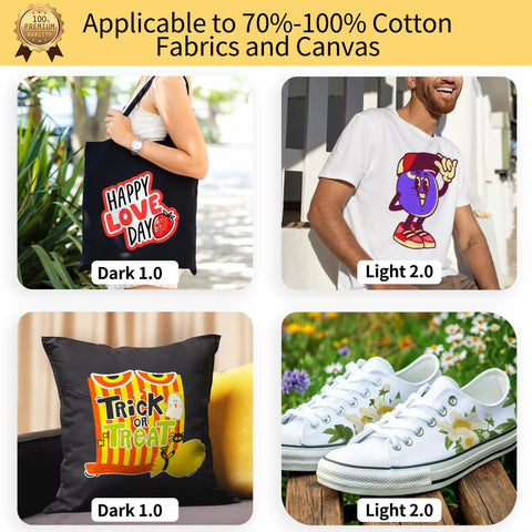 DIY Heat Transfer Paper Kit For Dark And Light T Shirts Mix Pack With 5 Dark 1.0 Sheets And 5 Light 2.0 Sheets Plus Reusable Teflon Paper 8.5x11 Inches For Inkjet Printers on various cotton fabric items