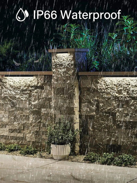 5W Retaining Wall Lights 7 Inch LED Hardscape Lighting Waterproof Low Voltage Landscape Lights 12V Outdoor Step And Patio Lighting 3000K Soft White IP66 Waterproof 12 Pack With Connectors illuminating stone wall in rain