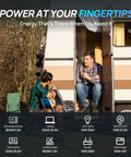 People relaxing next to RV showing power ratings with 800W 12V Mono Solar Panel Off Grid RV Boat Kit With Four 195W Panels.