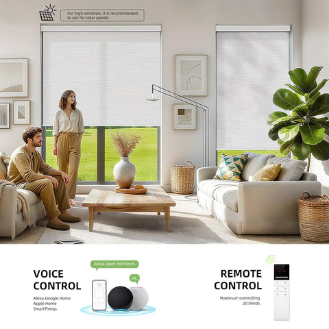 Living room with Motorized Smart Light Filtering Blind For Window With Remote Control Automatic Blackout Roller Shade installed.