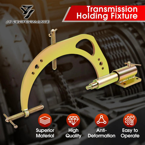 Heavy Duty Transmission Holding Fixture Base For A Wide Range Of Auto Transmissions, 360 Degree Swivel With Dual Lock Handles, Fits 180C Through 4L80E And Common 3L30, 200, 250, 350, 400 Series Transmissions, Rugged Mounting Jig shown with gold finish