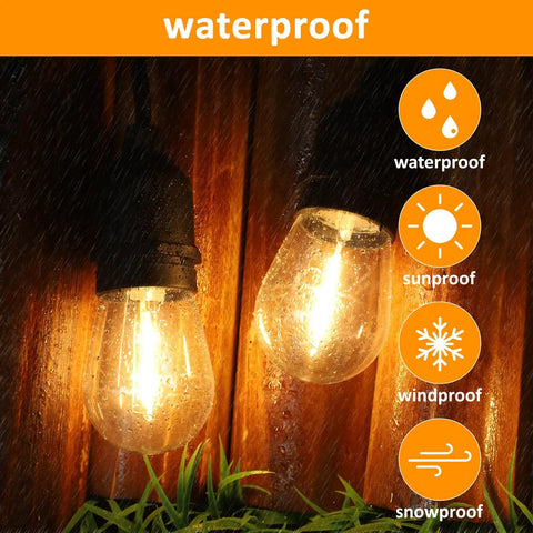 Close-up of 48Ft LED Outdoor String Lights with Dimmer, 15 Edison Bulbs waterproof in rain showcasing durability features.