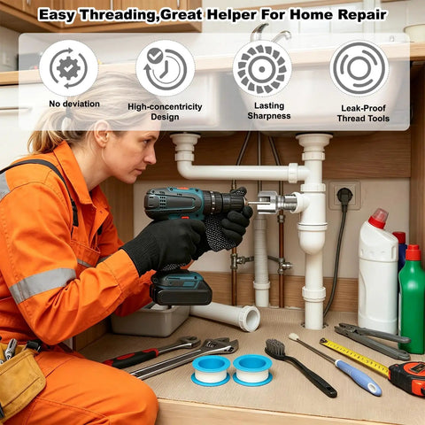 Person using 3 In 1 PVC Pipe Threader Kit With Dual Internal And External Threading Drill Powered Easy Cut Tool Set For 1/2 3/4 And 1 Inch Pipes to fix plumbing under sink.