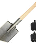 Battle Wolf Military Grade Survival Shovel with carbon steel head, hardwood handle, and two black covers for versatile outdoor use.