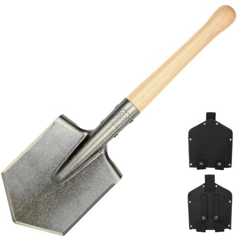 Battle Wolf Military Grade Survival Shovel with carbon steel head, hardwood handle, and two black covers for versatile outdoor use.