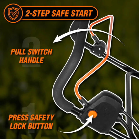 Close-up of handle and safety lock button on Two In One Electric Dethatcher And Scarifier With 16 Inch Clearing Path 15 Amp Motor