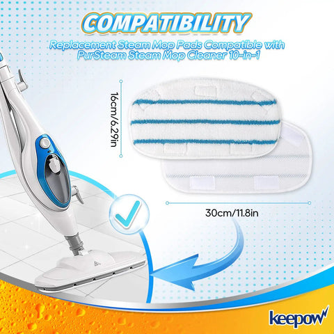 Replacement Steam Mop Pads 8 Pack For PurSteam ThermaPro 10 In 1 And ThermaPro 211 Steam Cleaner; two pads next to steam mop