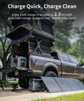 Truck with a rooftop tent beside a Prepper Ready Solar Generator Kit with 400W panel and 3600W power station for off-grid camping.