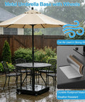 Heavy Duty Umbrella Base With Wheels Holds Up To 200 Lbs Built In Large Capacity Kettle Adjustable Sleeves For 6 To 12 Ft Umbrellas Outdoor Stand For Patio Deck Poolside And Lawn supporting an umbrella on patio with chairs and rustproof features