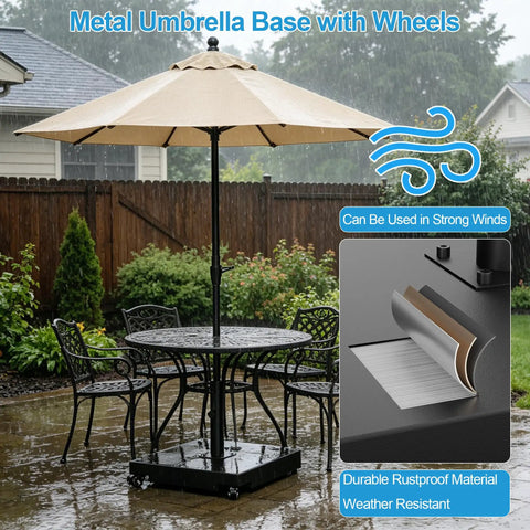 Heavy Duty Umbrella Base With Wheels Holds Up To 200 Lbs Built In Large Capacity Kettle Adjustable Sleeves For 6 To 12 Ft Umbrellas Outdoor Stand For Patio Deck Poolside And Lawn supporting an umbrella on patio with chairs and rustproof features