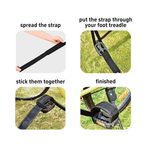 Four Pack Adjustable Bicycle Pedal Straps installation guide for kids and adults with universal fit on bike pedals.