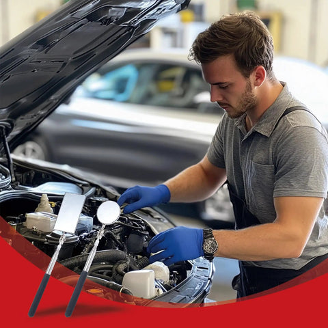 Mechanic using 4 In 1 Telescoping Inspection Mirror Kit With LED Light Flexible Reach Magnetic Pickup And Interchangeable Round And Square Heads For Automotive Maintenance In Tight Spaces And Small Parts For Cars under car hood