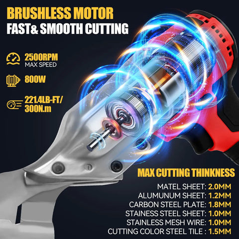 Brushless Cordless Metal Shears With LED And LCD Display, 2500 RPM, 800W, Tool Only, 18V Battery Compatible, cutting illustration