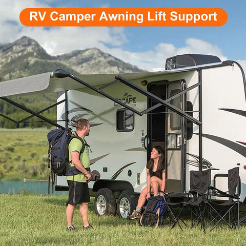 Top Notch Rv Awning Gas Strut 26 4 Inch 125 Lb Camper Lift Support Built Tough shown on an RV with camping setup.
