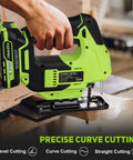 Top Shelf Badass 20V Cordless Jigsaw Kit Packed With Ten Durable Steel Blades And Smart Laser Edge Guide For Smooth No Sweat Cuts Across Hardwood Or Plywood Projects, close-up view of jigsaw in action cutting wood.