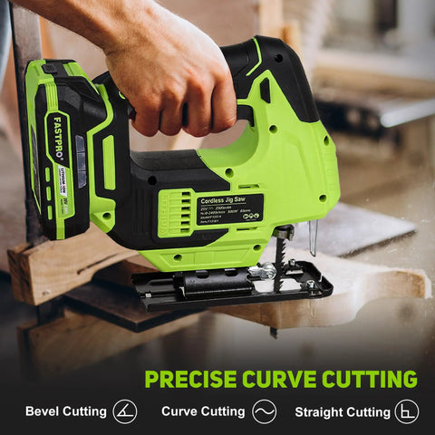 Top Shelf Badass 20V Cordless Jigsaw Kit Packed With Ten Durable Steel Blades And Smart Laser Edge Guide For Smooth No Sweat Cuts Across Hardwood Or Plywood Projects, close-up view of jigsaw in action cutting wood.