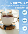 Ceramic white coffee mug on round wooden coasters with blue stripes, front view