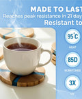 A steaming cup of tea on a round wooden coaster. Crystal Clear Epoxy Resin Kit 34 Oz For DIYers Art Wood Jewelry Coasters Molds Self Leveling Low Viscosity Food Safe UV Resistant Pro Grade Ready For Beginners And Pros.