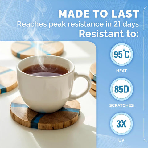 A steaming cup of tea on a round wooden coaster. Crystal Clear Epoxy Resin Kit 34 Oz For DIYers Art Wood Jewelry Coasters Molds Self Leveling Low Viscosity Food Safe UV Resistant Pro Grade Ready For Beginners And Pros.