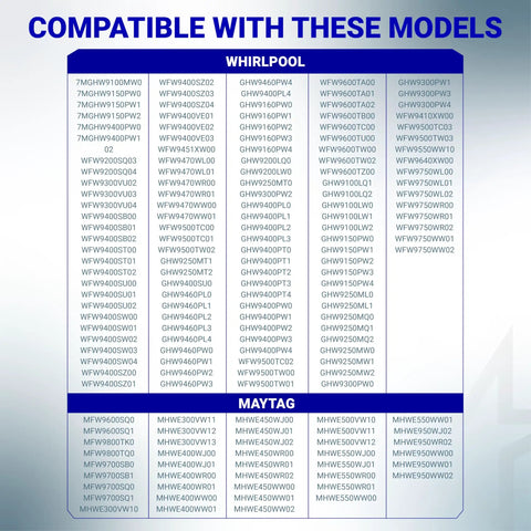 Askoll M75 Washer Drain Pump Motor Replacement compatibility chart for Whirlpool and Maytag front-load washers.