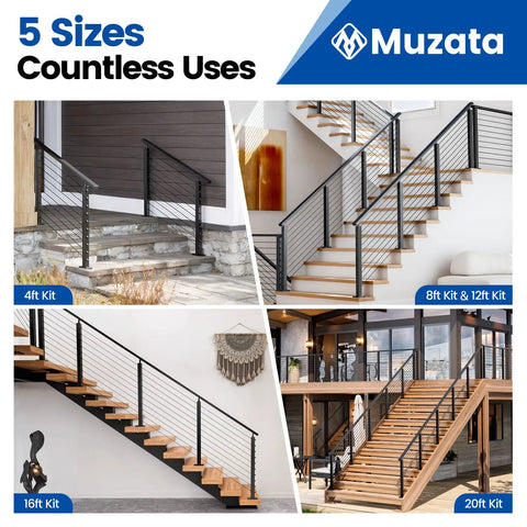 Full Size Pre Crimped Cable Railing Kit For Stairs 36 Inch Complete Post Assembly installed on various staircases with a sleek design.