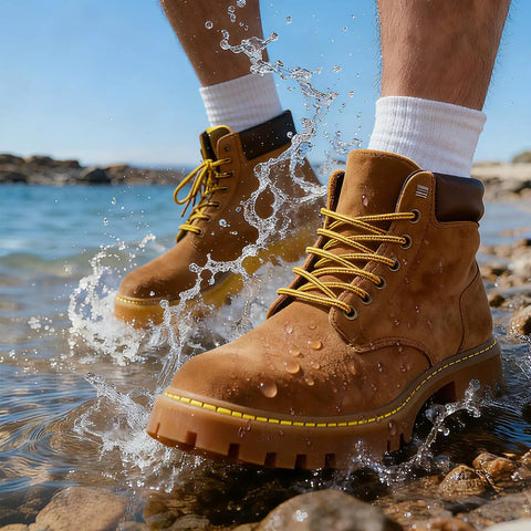 Waterproof Shoe Protector Spray With Nano Protection For Rain And Stain on brown boots resisting water splash outdoors.