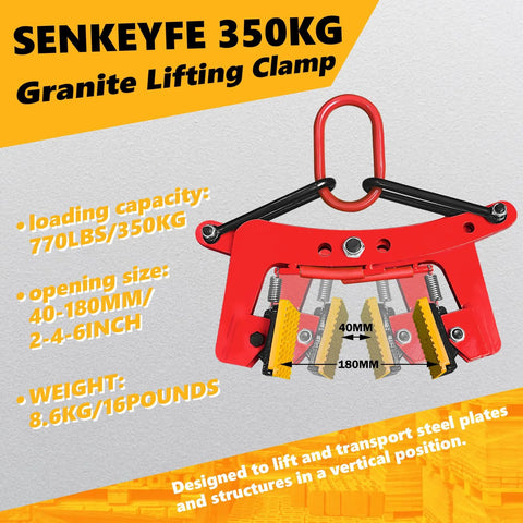 Red SENKEYFE granite lifting clamp for stone slabs, 6in opening, 770lbs capacity, 40-180mm range