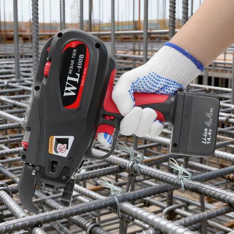 Automatic Rebar Tying Tool With 21 Gauge Tie Wire Two 14.4V 4400mAh Batteries Cordless Rebar Tie Gun in use on construction site