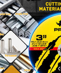 57 Piece 3 Inch Die Grinder Cut Off Wheel Set for Metal and Stainless Steel with cutting materials diagram showing solid iron, angle iron, flat bar, threaded components, channel, and alloy options.