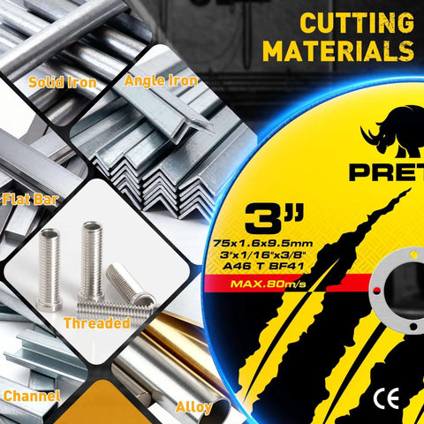 57 Piece 3 Inch Die Grinder Cut Off Wheel Set for Metal and Stainless Steel with cutting materials diagram showing solid iron, angle iron, flat bar, threaded components, channel, and alloy options.